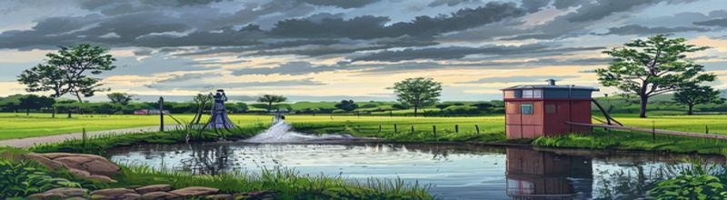 Panoramic landscape view of Kentish farmland near Tonbridge at dawn, rolling green fields with hop kilns and Victorian water borehole pumphouse, oast house in distance, soft morning mist, no people no faces no hands