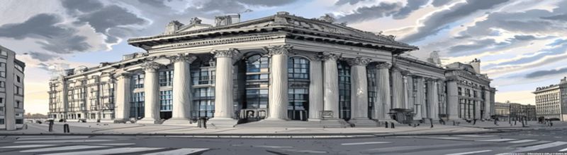 Panoramic view of the Bank of England Threadneedle Street facade in the City of London at dawn, neoclassical Corinthian columns, City offices behind in soft mist, no people no faces no hands