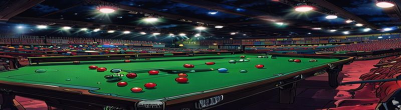Panoramic interior view of the Crucible Theatre snooker arena in Sheffield at dusk, two single tables under bright overhead spotlights, the green baize lit white by stage lights, dark thrust-stage seating tiers wrapping around in shadow, World Snooker Championship branding visible, no people no faces no hands
