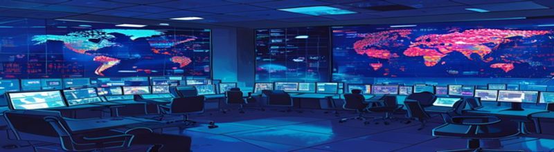 Panoramic view of a WHO infectious disease simulation exercise control room at night, rows of computer monitors showing world map with disease outbreak pins, digital dashboards, cool blue screen light, empty chairs, no people no faces no hands