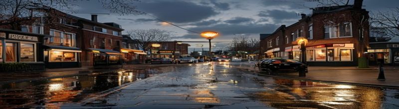 Panoramic view of a quiet north London suburban high street at twilight, brick buildings with shopfront awnings, a black taxi parked at a kerb, a wet pavement reflecting amber streetlamps, a London Underground roundel just visible in the distance, no people no faces no hands
