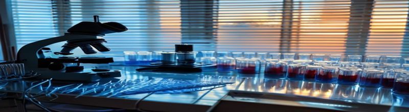 Panoramic view of microscope and rows of glass blood-sample vials on a clinical laboratory bench at dawn, blue-tinged morning light through window blinds, virology lab equipment, no people no faces no hands