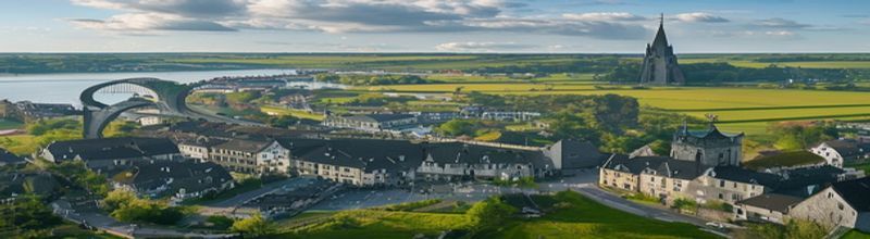 Panoramic aerial view of Drogheda town centre and the river Boyne at midday, the steel arch of the M1 motorway bridge in the distance, the spire of Saint Peter's Church and the medieval Saint Laurence's Gate, terraced houses climbing the hill on the southern bank, no people no faces no hands