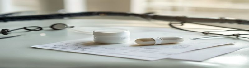 Panoramic close-up of a single white prescription pill bottle on a pale clinical bench, two extended-release tablets resting on the lid, a folded printed information leaflet beside it, soft daylight from the left, blurred medical chart and stethoscope tubing in the deep background, no people no faces no hands