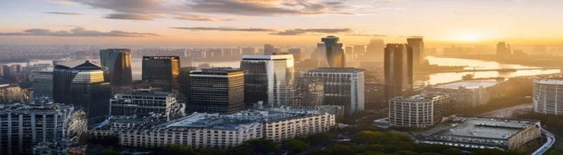Panoramic aerial view of City of London skyline at dawn with modern glass office towers housing pension fund managers, Bank of England building visible, soft golden light on the Thames, no people no faces no hands