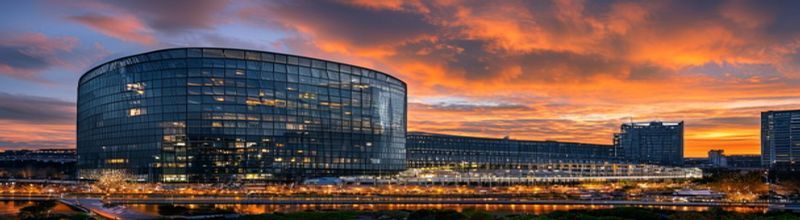 Panoramic view of the European Central Bank twin-tower headquarters in Frankfurt at dusk, glass facade reflecting an orange and grey sky, the curved older Grossmarkthalle building at the base, the river Main and city lights in the foreground, no people no faces no hands
