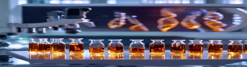 Panoramic close view of a row of clinical-grade glass vials lined up on a stainless-steel laboratory bench under cool overhead light, soft reflections, blurred research equipment in the background, no people no faces no hands