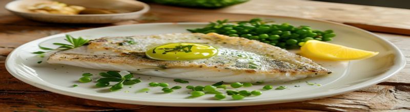 Panoramic view of a fillet of crispy-skin hake on a warm white plate, glossy bright-green wild garlic butter pooled around it, a small heap of split Jersey Royal new potatoes and a spoonful of bright minted peas alongside, lemon wedge cut on the bias, soft May evening light from the left, no people no faces no hands
