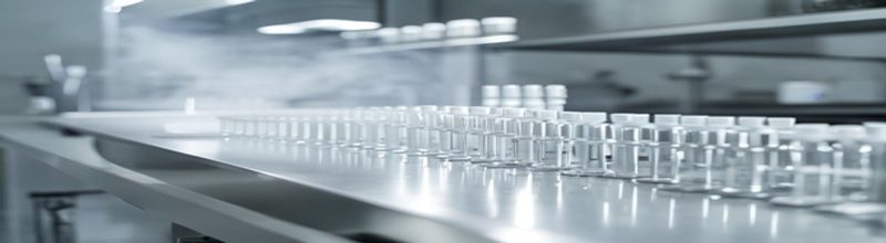 Panoramic close-up of a clean stainless-steel laboratory benchtop with neat rows of small clear glass sample vials with white screw caps, an analytical pipette set to one side, a covered Petri dish, soft cool overhead light, slight steam rising from a sterile sink in the background, no labels legible, no people no faces no hands