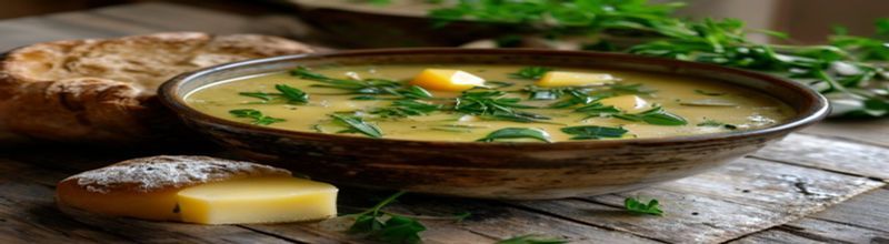 Panoramic view of a wide warm bowl of pale-green leek and potato soup on a wooden farmhouse table, a swirl of cream and a scatter of fresh chive flowers across the surface, a wedge of brown soda bread and a pat of yellow Irish butter on a small plate alongside, soft Sunday-morning kitchen light from the left, no people no faces no hands