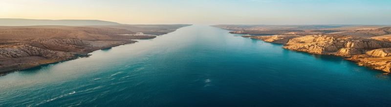 Panoramic aerial view at first light of a narrow blue-grey ocean strait between two ranges of beige rocky desert coastlines, dozens of large oil tankers anchored in clusters waiting on the open side, a long empty shipping lane visible through morning haze, no people no faces no hands