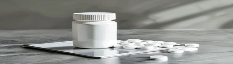 Panoramic still life of a single white prescription pill bottle on a polished slate-grey medical reference page, soft side-light from the right, tightly cropped on the bottle and a sealed blister pack of round white tablets beside it, no label text legible, neutral pharmacy background, no people no faces no hands