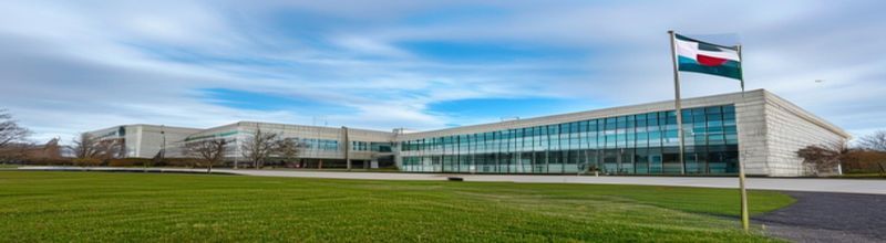 Panoramic exterior view at midday of a modern Irish hospital building in pale stone and glass, low-slung wings with vertical strip windows, neat landscaped lawn and a flagpole flying the Irish tricolour, soft blue overcast sky, no people no faces no hands