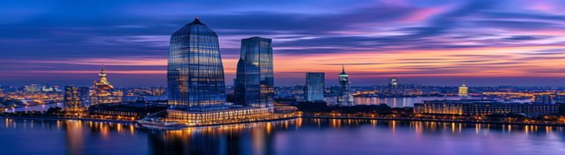 Panoramic view of the European Central Bank tower in Frankfurt at twilight, twin glass blades reflecting the sky, surrounding city lights blurring into a wider skyline, the Main river in the foreground, deep blue and amber colour palette, no people no faces no hands
