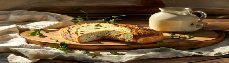 Panoramic view of a round Irish brown soda bread loaf cut into halves on a wooden board on a farmhouse table, a small white earthenware jug of Cuinneog buttermilk and scattered fresh herb sprigs alongside, soft kitchen light from the left, no people no faces no hands