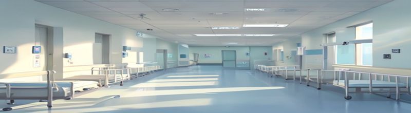Wide panoramic illustration of a hospital paediatric ward corridor with empty cots and respiratory monitoring equipment in soft daylight, Irish hospital architecture, muted clinical palette of pale blue and warm grey, in the foreground a single vial and syringe on a stainless tray, no people no faces no hands