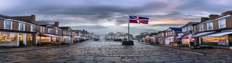 Panoramic wide-angle dawn view of a quiet Northern Irish market town main street with traditional shopfronts and a stone war memorial cross in the foreground, soft mist rising from wet cobblestones, a single Irish tricolour and Union Jack flying at half-mast on opposite sides of the street under an overcast sky, no people no faces no hands