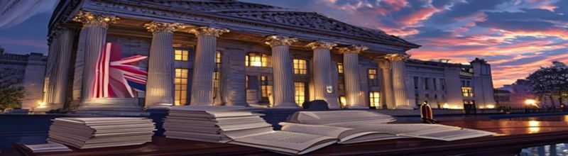 Panoramic view of the Bank of England Threadneedle Street facade at dusk, classical stone columns, soft lamplight, in the foreground a stack of bound regulatory consultation papers on a polished wooden table next to a fountain pen, no people no faces no hands