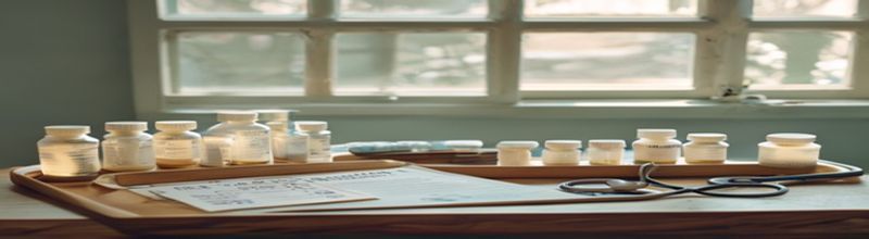 Panoramic still life of an empty paediatric clinical trial workspace, rows of unopened glass medication vials in a wooden tray, a stethoscope coiled beside a clipboard with European Medicines Agency style forms, soft natural light through a laboratory window, no people no faces no hands