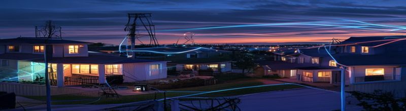 Panoramic wide shot of dimly lit suburban street at dusk lined with two-storey houses, with glowing fibre-optic cables snaking out of bedroom windows and converging on a single small black home router on a wooden table by an open window, faint neon-blue data streams arcing across the rooftops toward distant industrial server racks on the horizon, no people no faces no hands
