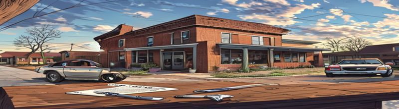 Panoramic exterior of a small Texas community bank branch on a wide quiet main street, late afternoon light, brick facade, parked pickup trucks, vehicle title document and a set of car keys placed on a wooden desk in foreground, no people no faces no hands