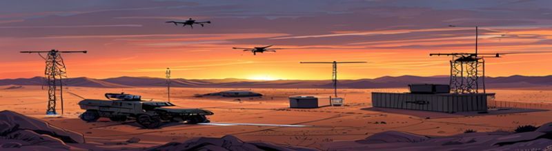 Panoramic view of a desert military testing range at dusk with a small uncrewed ground vehicle on tracks parked next to a quadcopter on a launch pad, instrumentation antennas and an operations container in the background, low orange sunset light, no people no faces no hands