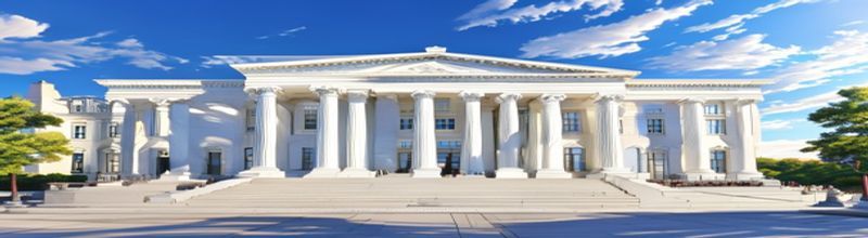 Panoramic view of the western facade of the United States Supreme Court building in Washington DC at first light, marble columns and the &lsquo;Equal Justice Under Law&rsquo; pediment in clear focus, an empty plaza in the foreground, soft pink dawn sky, no people no faces no hands