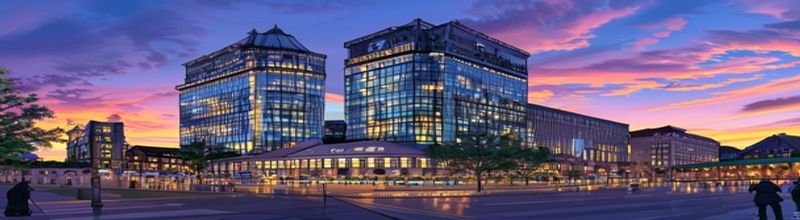 Panoramic exterior of the European Central Bank twin-tower headquarters in Frankfurt at dawn, smooth glass facade reflecting an overcast sky, Main River in the foreground with mist rising, a small hardback policy report placed on a wooden quay rail, no people no faces no hands
