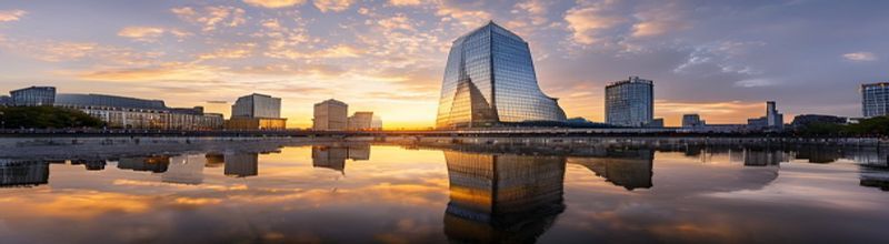 Panoramic dawn view of the European Central Bank glass tower in Frankfurt rising above the Main river with reflective skyscrapers behind, soft golden morning light hitting the curved facade, dark river water in the foreground, no people no faces no hands