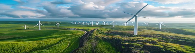 Panoramic aerial view of a row of large white onshore wind turbines on green Welsh hillsides under a wide bright sky with low cumulus clouds, a long single-track road snaking through gorse and heather in the foreground, no people no faces no hands