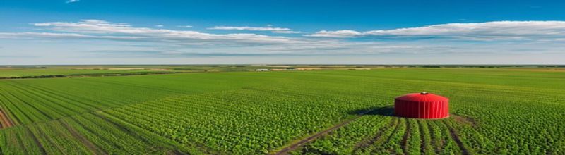Panoramic aerial view of vast Midwestern American farmland in spring with rows of green soybean and corn fields stretching to the horizon under a wide blue sky, a large red grain silo and white farmhouse in the middle distance, no people no faces no hands