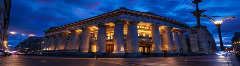 Panoramic view of the neoclassical Bank of England building on Threadneedle Street in London at twilight, columns lit by warm street lamps, dark stone facade against indigo sky, polished brass nameplate near the doors, no people no faces no hands