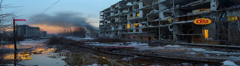 Panoramic view of a damaged residential apartment building in Zaporizhzhia at dusk with shattered windows and scorched balconies, snow-melt puddles in the road, a yellow tram stop sign bent at the kerb, smoke drifting from a distant rooftop, no people no faces no hands