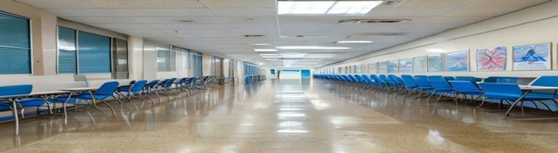 Panoramic view of an empty Irish community vaccination clinic at the end of a winter day with rows of folding chairs, blue privacy screens and a wall poster about respiratory illnesses, soft warm overhead lighting reflecting on the polished tile floor, a single open laptop on a registration desk, no people no faces no hands