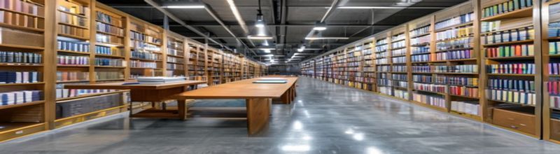 Panoramic interior view of a modern medical records archive with floor-to-ceiling steel filing units, neat rows of colour-coded folder spines and a long oak reading table beneath warm pendant lights, polished concrete floor reflecting the lights, no people no faces no hands