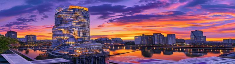 Panoramic view of the ECB headquarters Skytower in Frankfurt at golden hour, double helix glass tower against orange-purple sky, the Main river in the foreground reflecting the building, a printed binder of statistical tables on a steel rail in the foreground, no people no faces no hands