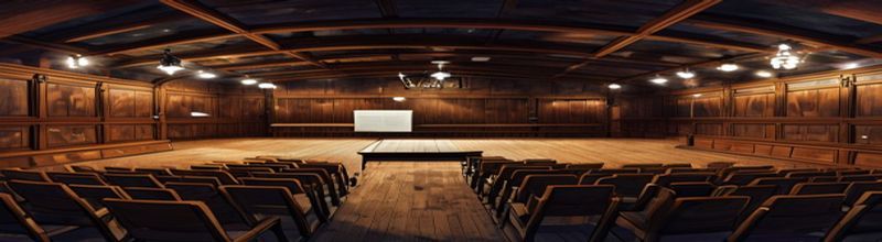 Panoramic view of a high-ceilinged London lecture hall in late evening with a dark wooden lectern centred on stage, a row of empty chairs, a printed sheaf of speech notes on the lectern, the dimly lit oak-panelled walls and brass chandeliers in soft focus, no people no faces no hands
