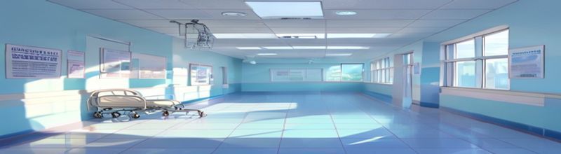 Panoramic interior view of a quiet hospital corridor with pale-blue walls, white tiled floor, an empty wheeled hospital bed against the wall, framed safety-information notices, soft fluorescent lighting and a large window letting in early-morning daylight at the end of the corridor, no people no faces no hands