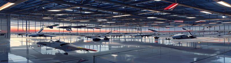 Panoramic view of an aircraft assembly hangar interior at dusk with a row of partially built fighter jets in matte grey livery on a polished concrete floor, overhead industrial lighting, wing components on parts trolleys, multiple national flags hanging from the rafters, no people no faces no hands
