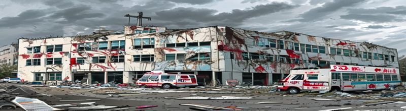 Panoramic view of a damaged hospital exterior with shattered windows and sandbagged entrances, a faded red cross painted on the white wall, an ambulance with WHO and ICRC markings parked at the entrance, debris in the foreground street, overcast grey sky, no people no faces no hands