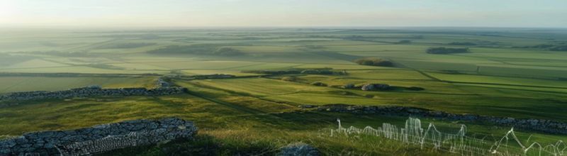 Panoramic aerial view of rural Irish landscape with stone walls and patchwork green fields, overlaid with faint translucent line graph and column chart in muted blue, statistical document in foreground corner, soft morning light, no people no faces no hands
