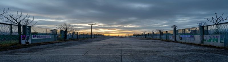 Panoramic wide-angle photograph of a quiet U.S. military installation gate at dawn, concrete barriers and chain-link perimeter fence, security signage, empty guard post, soft overcast light, documentary realism, no people no faces no hands
