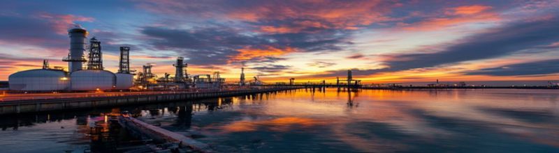 Panoramic view of an offshore liquefied natural gas terminal at dusk, cylindrical storage tanks and pipework on a concrete jetty, calm sea reflecting amber sky, distant industrial gantries, no people no faces no hands