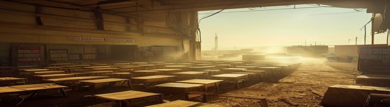 Panoramic refugee settlement on the edge of an Egyptian desert at dawn, rows of canvas tents under harsh sun, a UNHCR food-distribution warehouse with stacked aid pallets in the foreground, an empty classroom interior with rows of unused desks visible through a window, dust haze, long shadows, no people no faces no hands