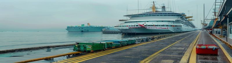 Panoramic view of a cruise ship moored at a harbour quayside in Cabo Verde, viewed from the dockside, yellow quarantine pennant on the rigging, gangway sealed, medical equipment cases and PPE supply crates lined up along the quay at a distance, calm water hazy tropical light, no people no faces no hands
