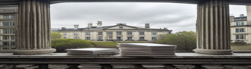 Panoramic exterior view of Leinster House Dublin in soft early morning light, granite facade and Georgian columns, parliamentary papers stacked on a stone window ledge in foreground, overcast sky, no people no faces no hands