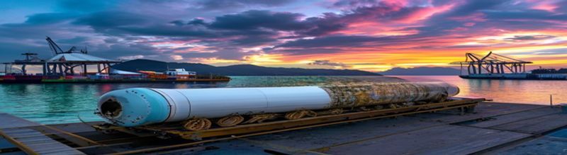 Panoramic wide-angle photograph of a specialized spent nuclear fuel cask being secured aboard a maritime cargo vessel at a tropical port, large white cylindrical shielded cask on a low-bed transport, dockside cranes in background, tropical hills behind the harbour at dusk, documentary realism, no people no faces no hands