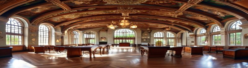 Panoramic wide-angle photograph of the Seanad chamber in Leinster House at midday, ornate plasterwork ceiling, polished mahogany benches in concentric horseshoes, brass desk lamps unlit, empty chamber, soft natural light from arched windows, documentary realism, no people no faces no hands