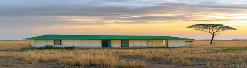 Panoramic wide-angle photograph of a rural Sub-Saharan African health-clinic exterior at dawn, single-storey concrete-block building with a green corrugated roof, a treated mosquito net hung to air on a wooden line outside, dry savannah landscape stretching behind, soft golden light, documentary realism, no people no faces no hands
