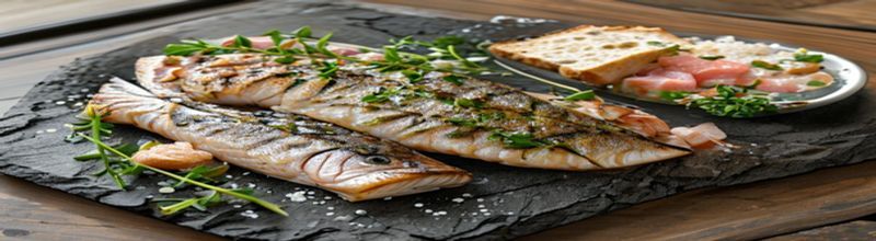Panoramic overhead view of two whole grilled sea bass on a hot cast-iron griddle plate with charred lemon halves, a small ceramic dish of melted herb butter, a bowl of crushed new-season potatoes scattered with parsley, set on a slate kitchen surface in soft warm light, sharp scale detail on the fish skin, no people no faces no hands